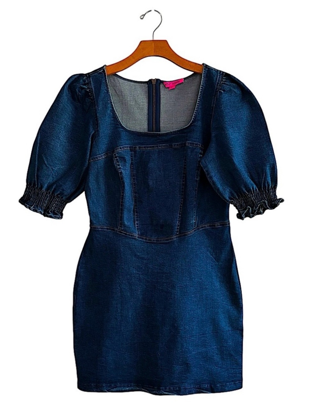Betsy Johnson Square Neck Puff Sleeve Denim Dress 10 Corset Bodice Dark Wash - Picture 2 of 7